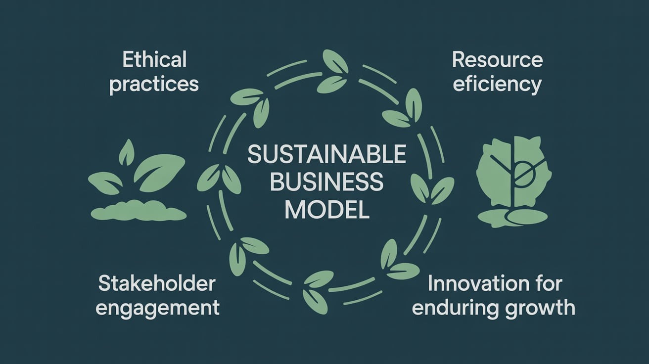 Diagram highlighting the main elements of a sustainable business model—ethical practices, resource efficiency, stakeholder engagement, and innovation for enduring growth.