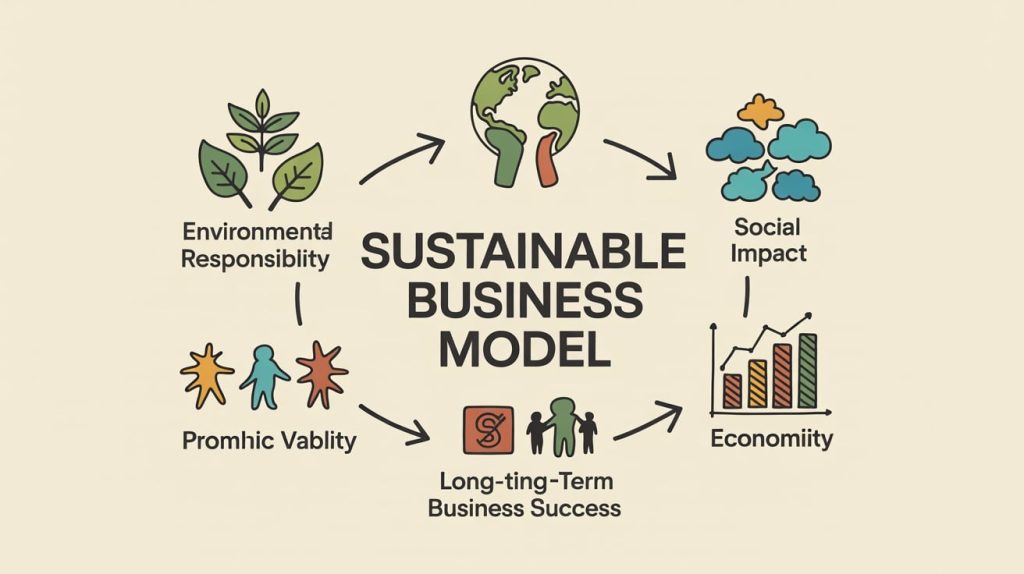 Illustration showing key principles of a sustainable business model, including environmental responsibility, social impact, and economic viability, promoting long-term business success.