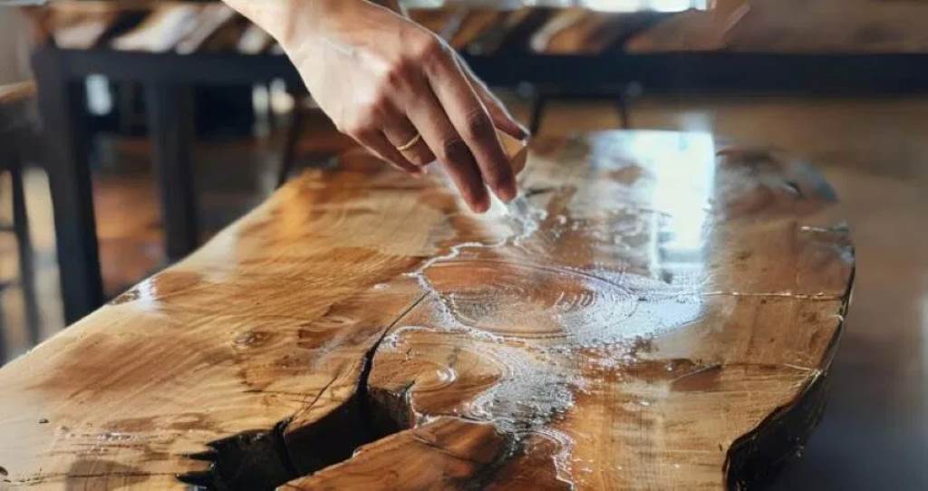 Microfiber cloth wiping white spot on oak wood table