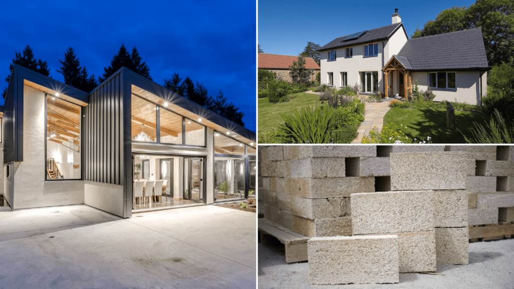 Modern home addition with hempcrete insulation, featuring energy-efficient windows and green landscaping.
