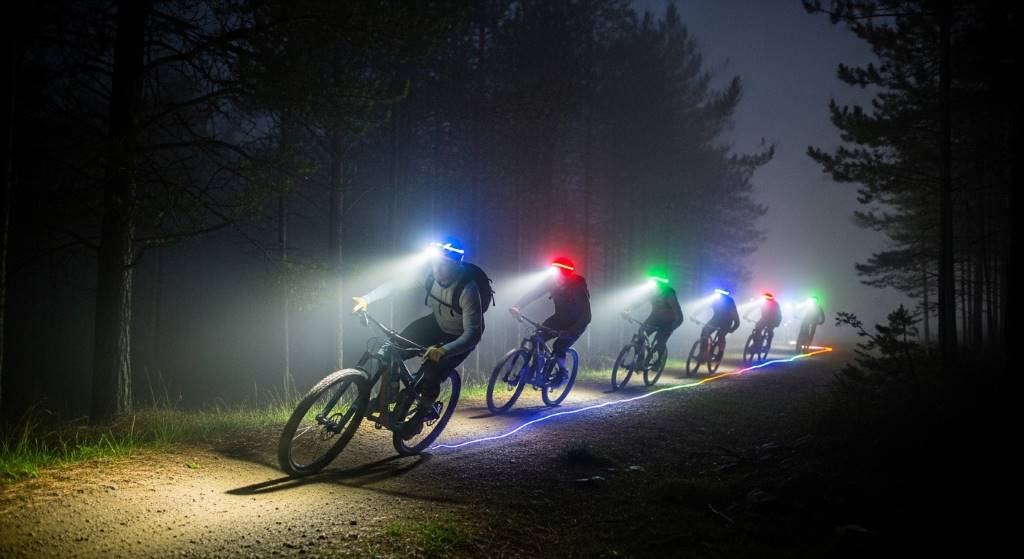 Group of night riders on a trail, their LED-equipped helmets creating a chain of lights against a foggy backdrop, emphasizing safety in low-visibility conditions.