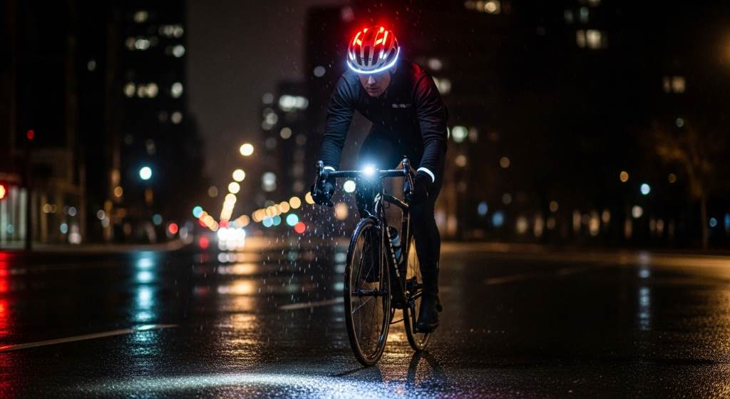 A cyclist wearing the Schwinn Insight LED helmet glowing brightly on a dark urban street at night, highlighting enhanced visibility features.