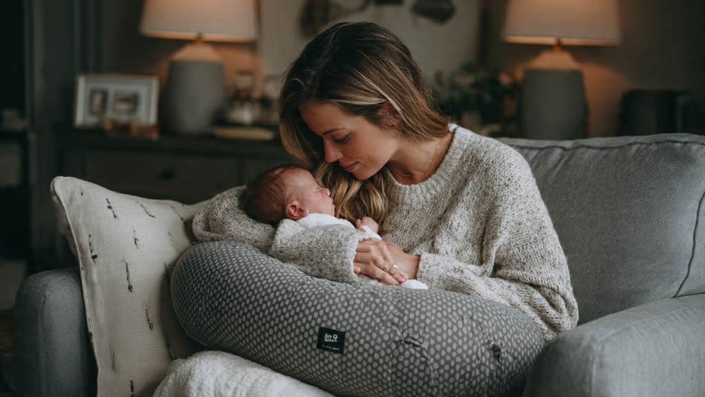 A new mom smiles while nursing her newborn on an adjustable breastfeeding pillow, showcasing relaxed posture and easy latching.