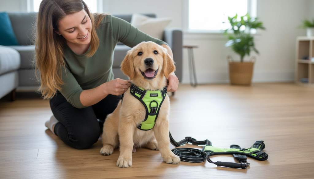 Dog owner fitting adjustable PHOEPET harness with three buckles on excited puppy before walk