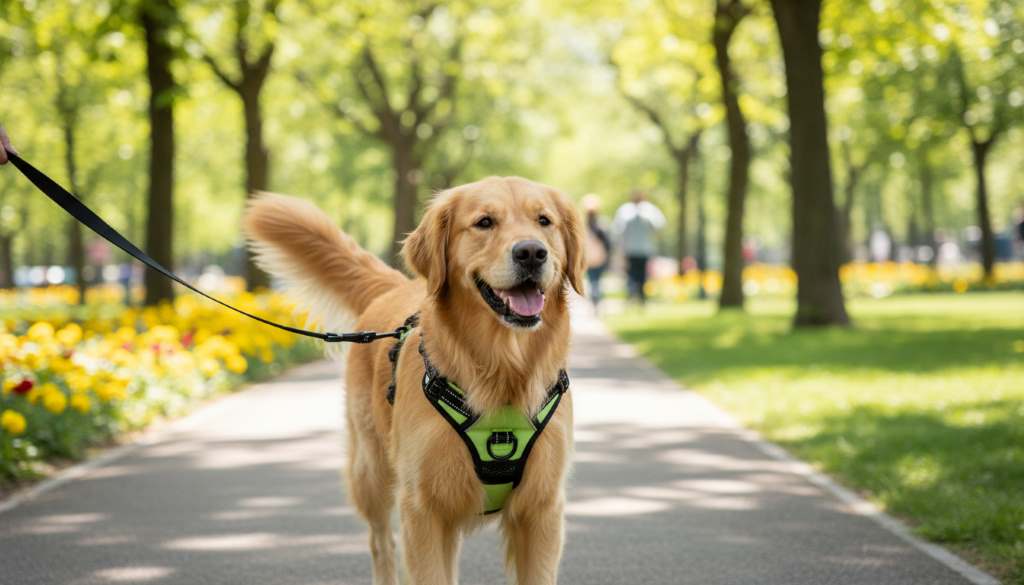 Happy golden retriever walking calmly on leash with PHOEPET no-pull harness in park