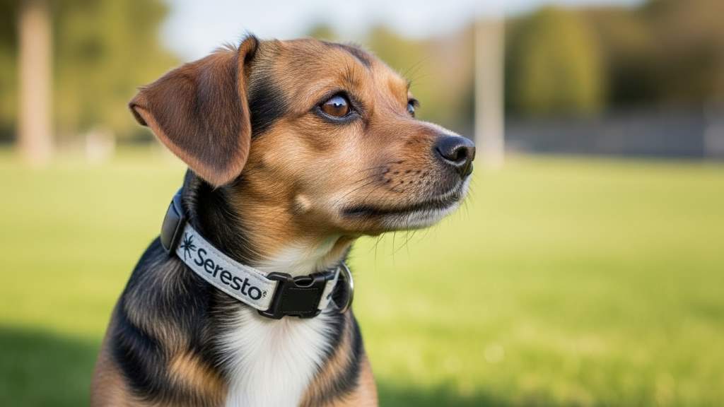 Small dog happily wearing a Seresto flea and tick collar outdoors