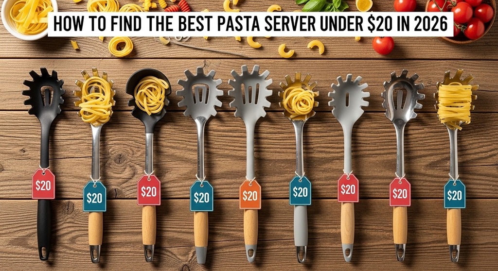 Stainless steel pasta server lifting spaghetti from pot