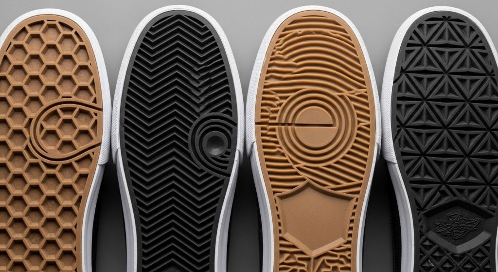 Close-up comparison of different skate shoe sole patterns and tread designs