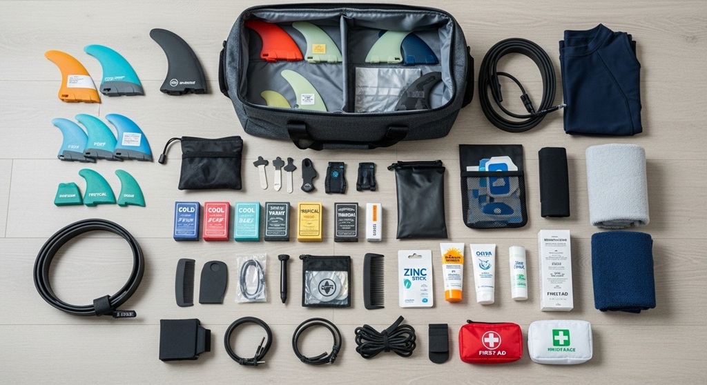 Surfer packing surfboard accessories inside padded surfboard travel bag