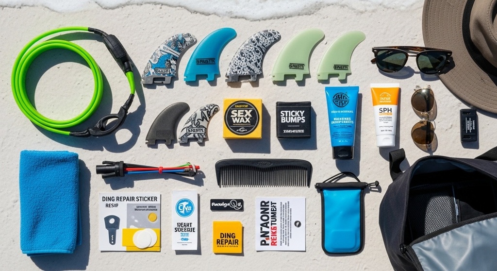 Organized surf travel gear including fins leash wax and repair kit