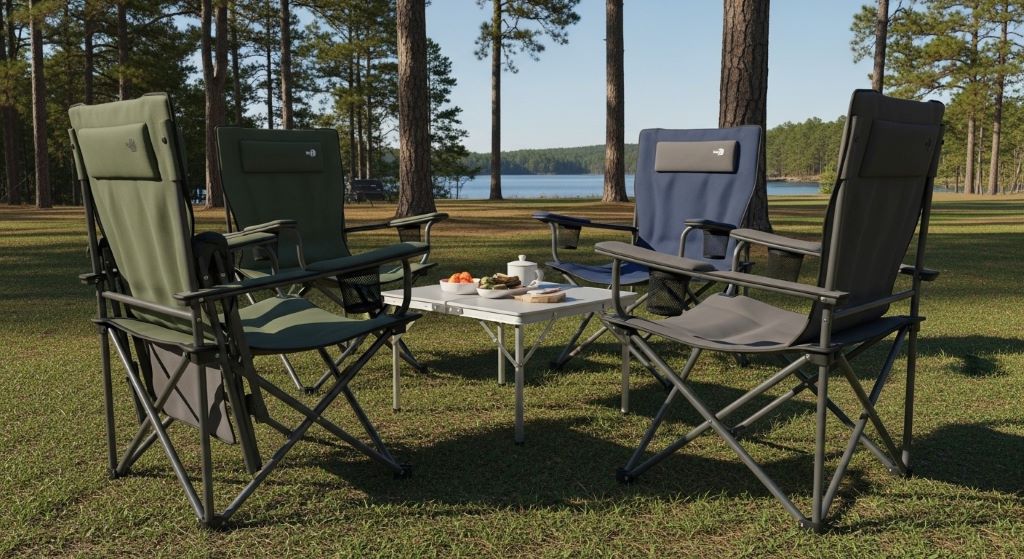 Affordable folding camping chairs with cup holders and armrests for comfortable outdoor seating