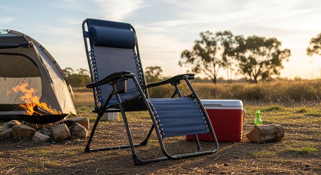 Budget camping chair with sturdy frame and comfortable backrest set up at outdoor campsite