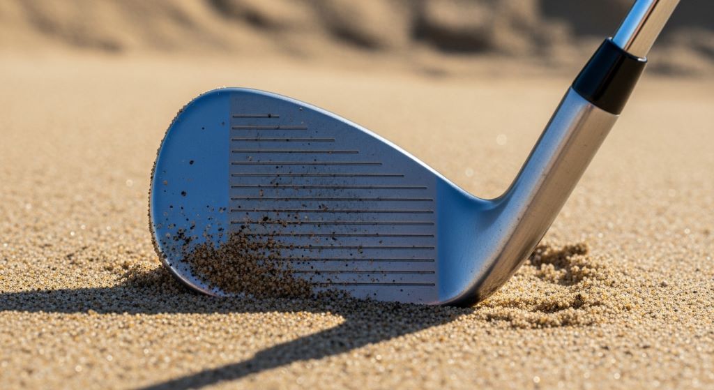 Close-up of sand wedge sole showing bounce angle in a bunker