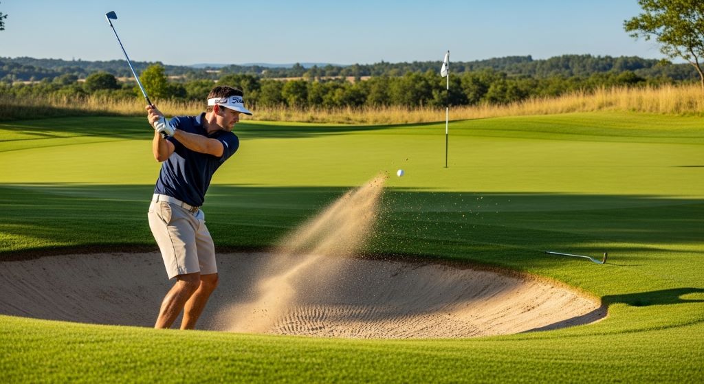 Golfer hitting a bunker shot with a sand wedge on a golf course
