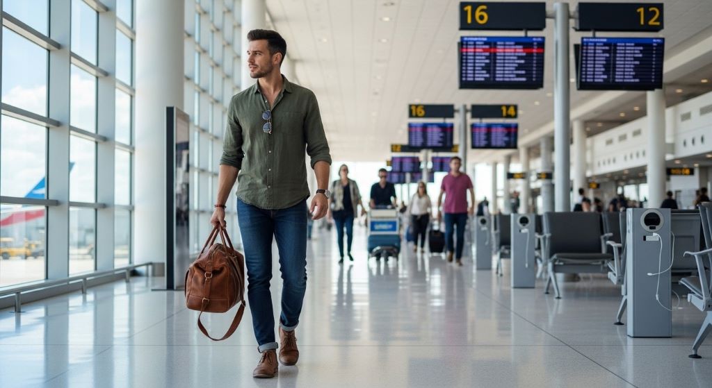 Traveler carrying brown leather weekend bag through modern airport terminal heading to departure gate