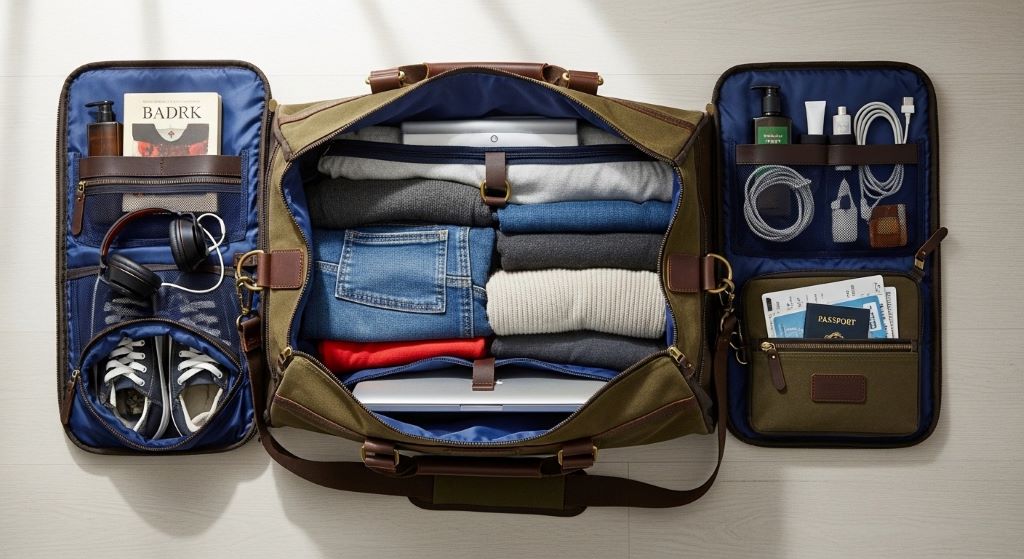 Spacious weekender duffel bag with multiple compartments lying open on wooden floor showing organized packing layout