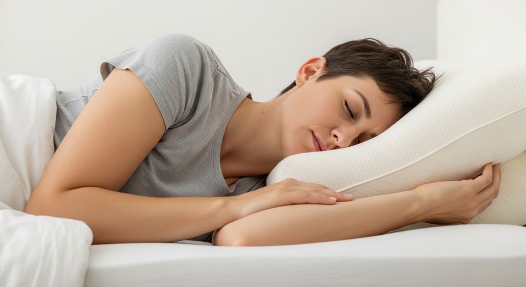 Side sleeper demonstrating proper spinal alignment using firm high-loft pillow with neutral neck position