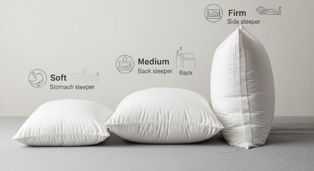 Different pillow firmness levels arranged showing soft, medium, and firm options with varying heights for sleep positions