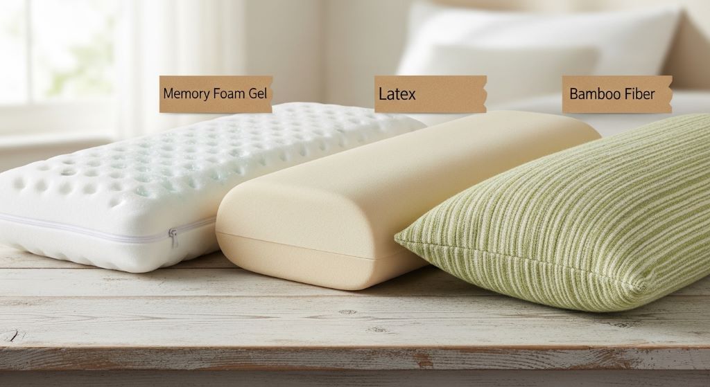 Different types of cooling pillows including memory foam, latex, and bamboo