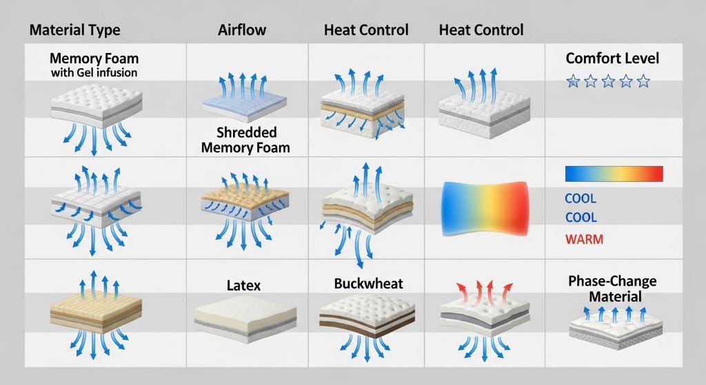 Comparison chart of cooling pillow materials showing airflow and heat control