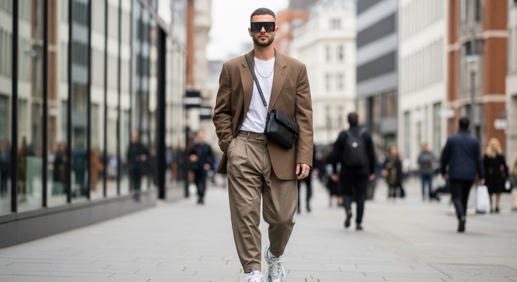 Man wearing oversized square sunglasses in a 2026 street style look