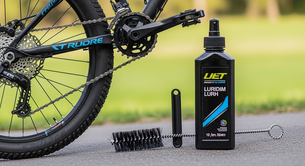 MTB rider repairing bike with compact multi-tool outdoors