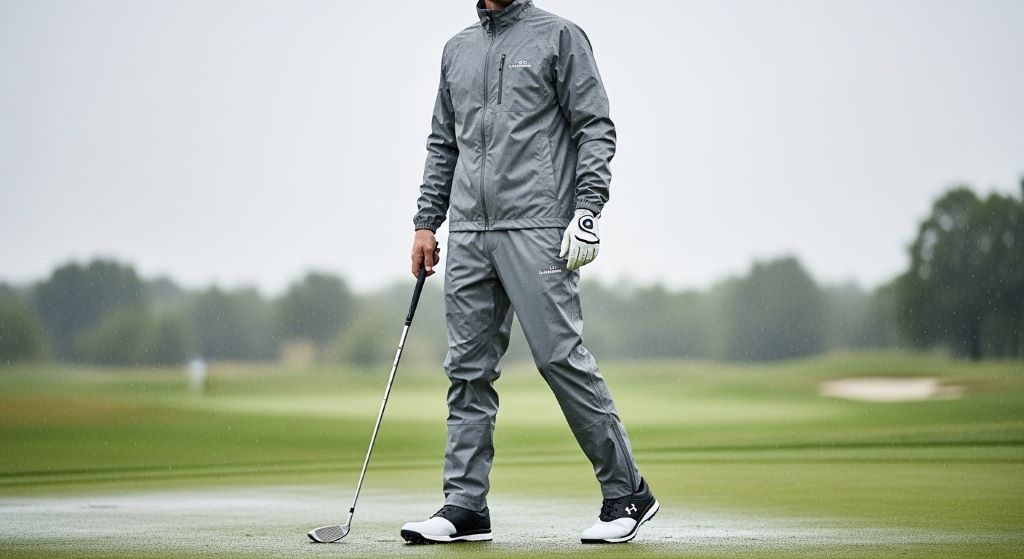 Complete golf rain gear setup including jacket, pants, and shoes
