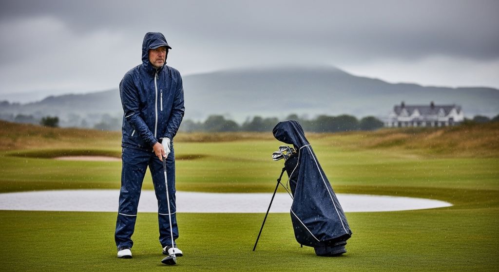 Golfer wearing waterproof rain gear during a rainy golf round