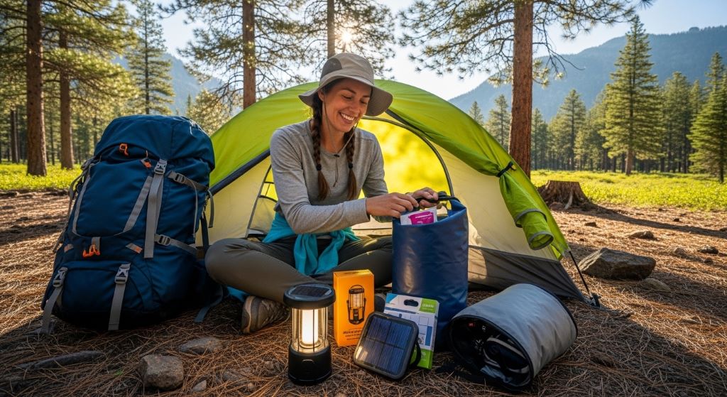 A smiling outdoor traveler unpacking adventure gear gifts including a solar lantern and dry bag beside a tent in the wilderness