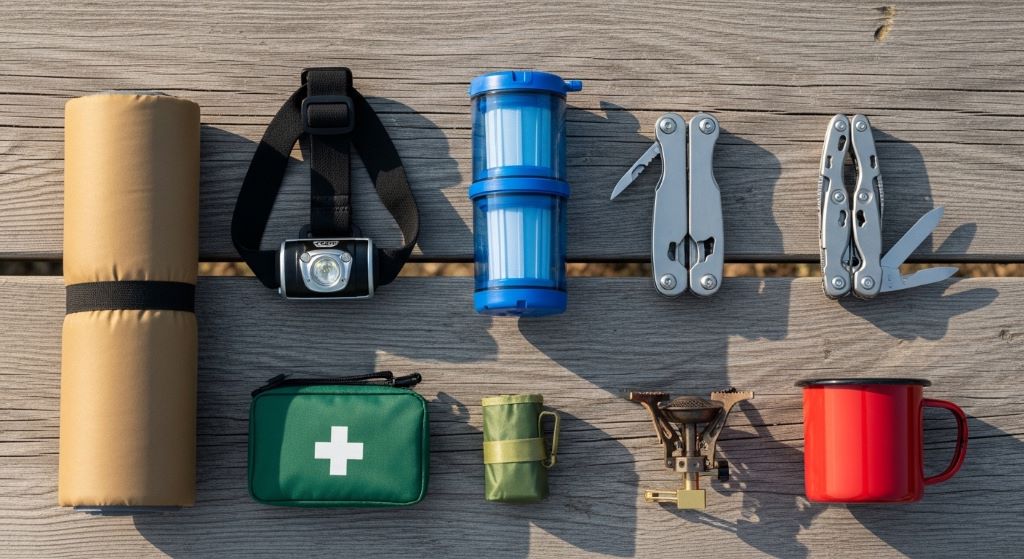 A collection of outdoor camping gifts including a headlamp, water filter, and compact multi-tool laid out on a wooden surface