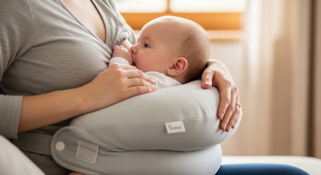 Wraparound breastfeeding pillow supporting baby at breast height for optimal feeding posture