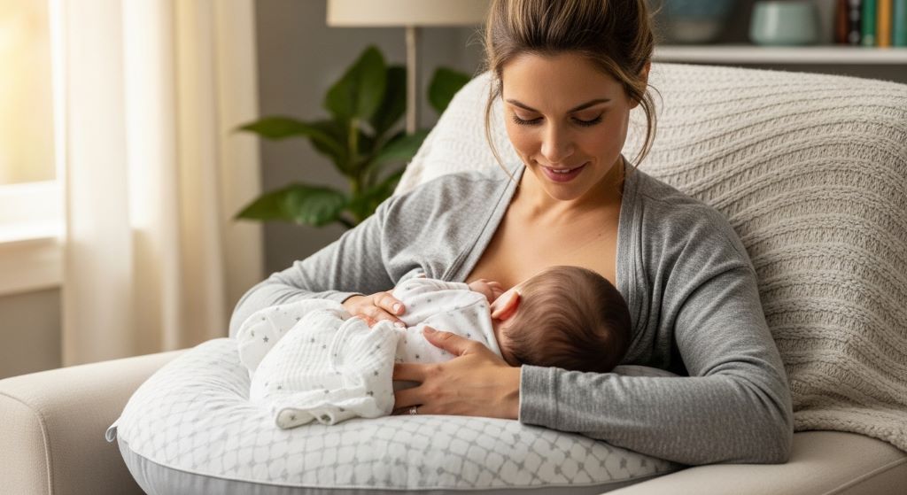 Mother using nursing pillow for comfortable breastfeeding position with proper back support