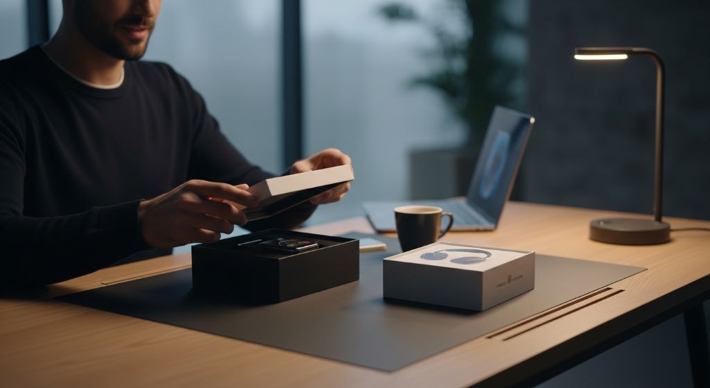 Man unboxing a high-end gift — a premium gadget in elegant packaging — at a modern wooden desk with soft ambient lighting