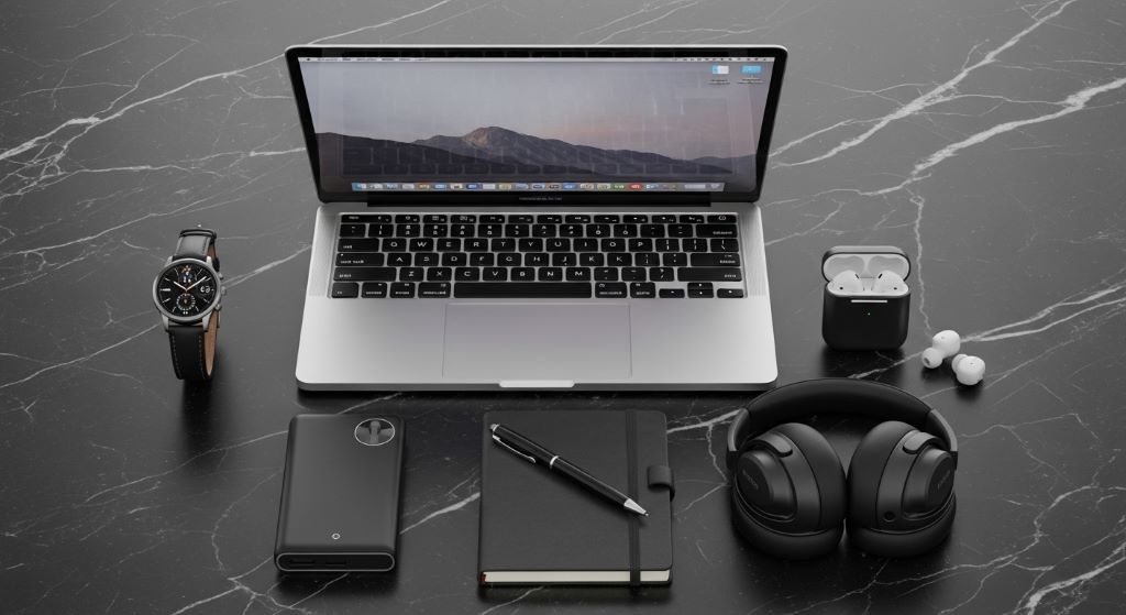 A curated flat lay of luxury tech gifts for men including a premium smartwatch, wireless earbuds, and a sleek laptop on a dark marble surface