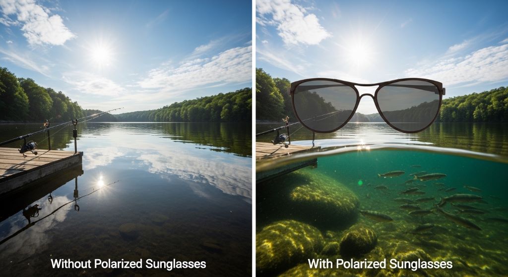 Comparison of water glare with and without polarized fishing sunglasses