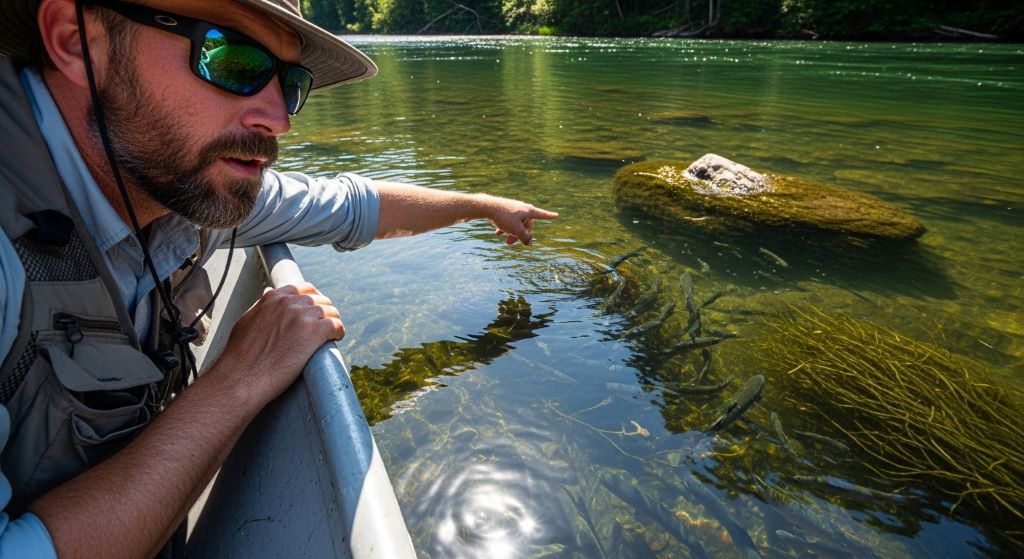 Angler wearing polarized sunglasses spotting fish in clear water