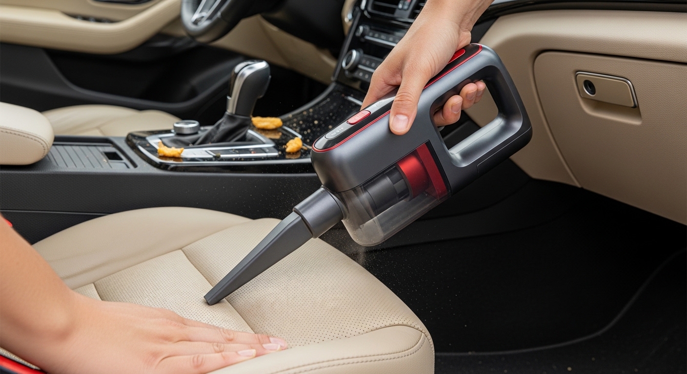 portable handheld vacuum cleaning tight gaps inside vehicle cabin