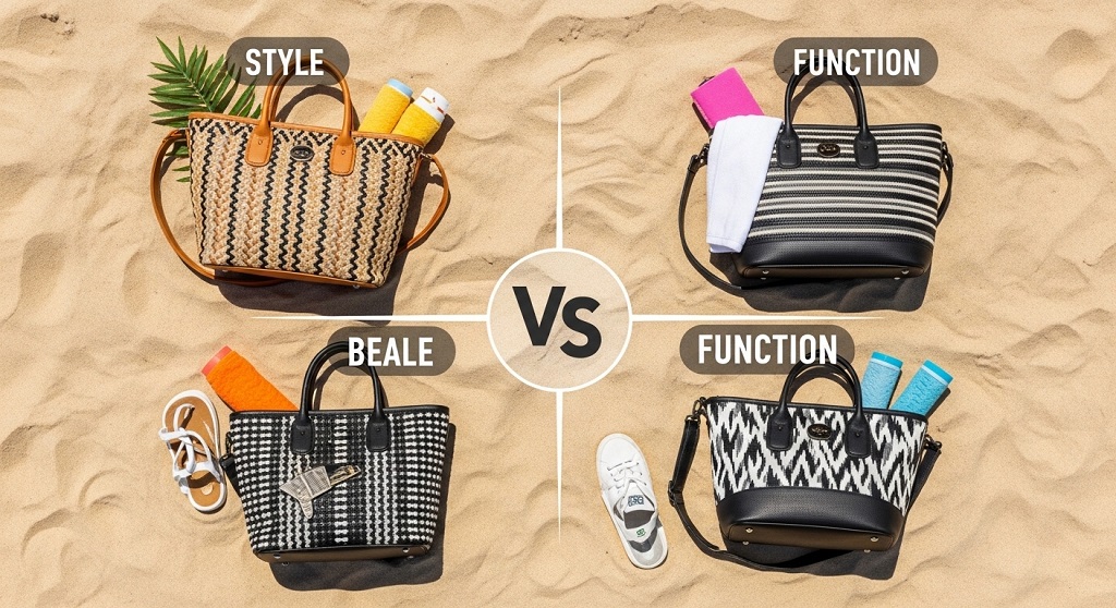 Luxury beach bag with waterproof compartments on sandy shore