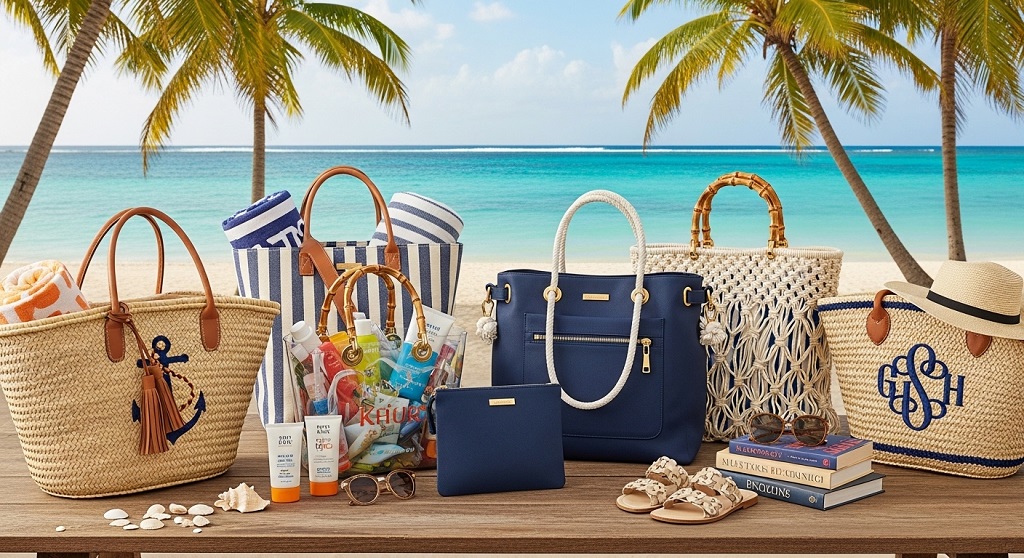 Elegant oversized beach bag with reinforced straps near ocean