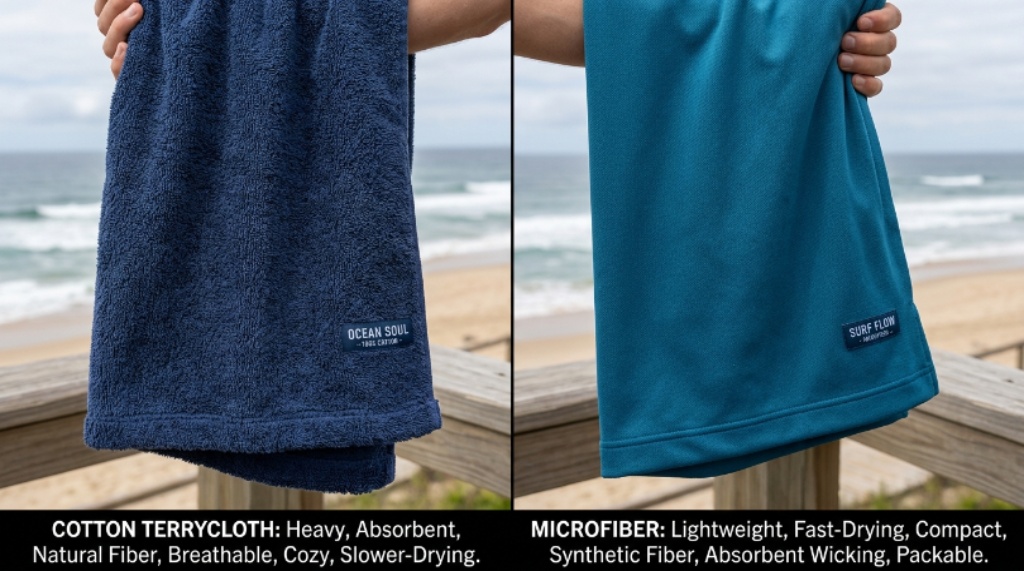 Side-by-side fabric comparison of cotton and microfiber surf poncho materials