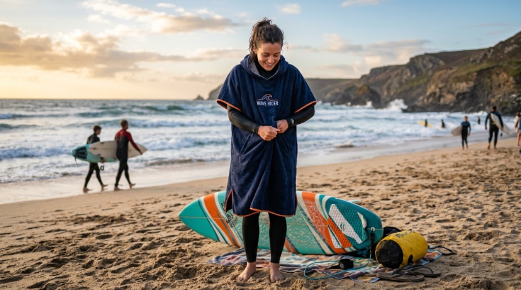 A surfer wrapping themselves in a microfiber surf poncho on the beach after a session