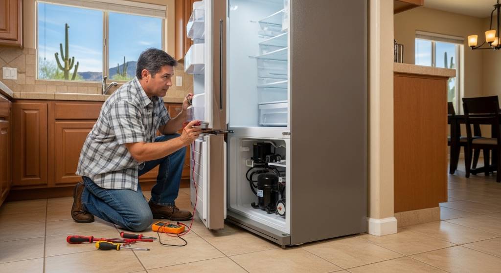 Phoenix homeowner inspecting a clicking refrigerator compressor
