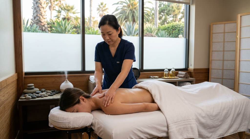 Professional Asian massage therapist providing safe spa treatment in San Diego wellness center