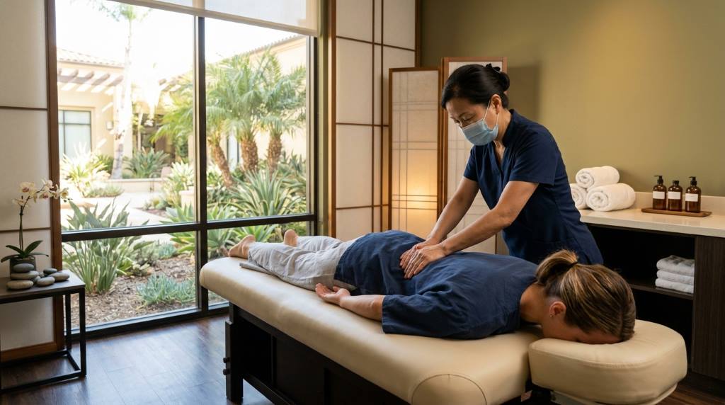 Relaxing San Diego spa room designed for traditional Asian massage therapy and stress relief