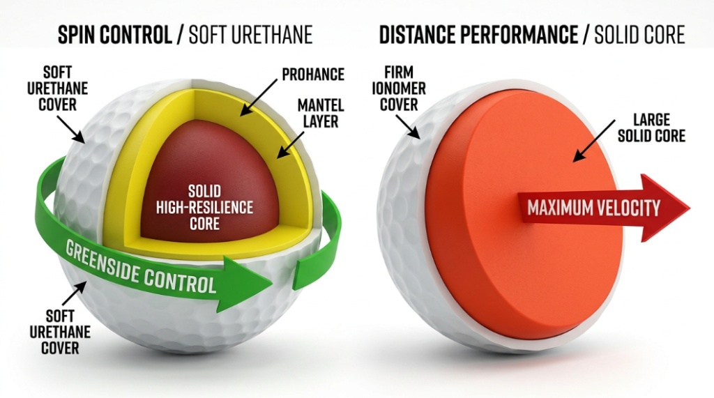 A golfer in mid-swing on a green fairway hitting a ball for maximum distance.