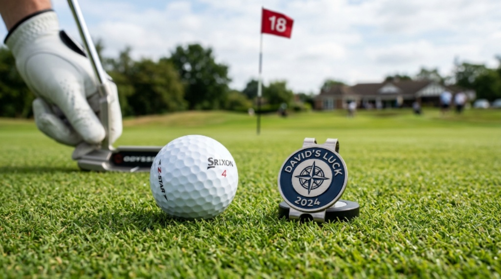 Close-up of a personalised magnetic golf marker clip resting on the green beside a golf ball during putting