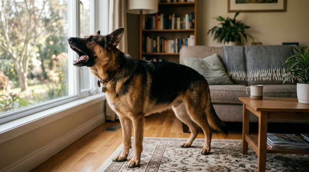 A German Shepherd barking loudly near a living room window during the day.
