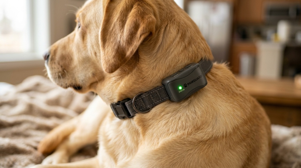  A close-up view of a humane bark collar on a calm Labrador retriever.