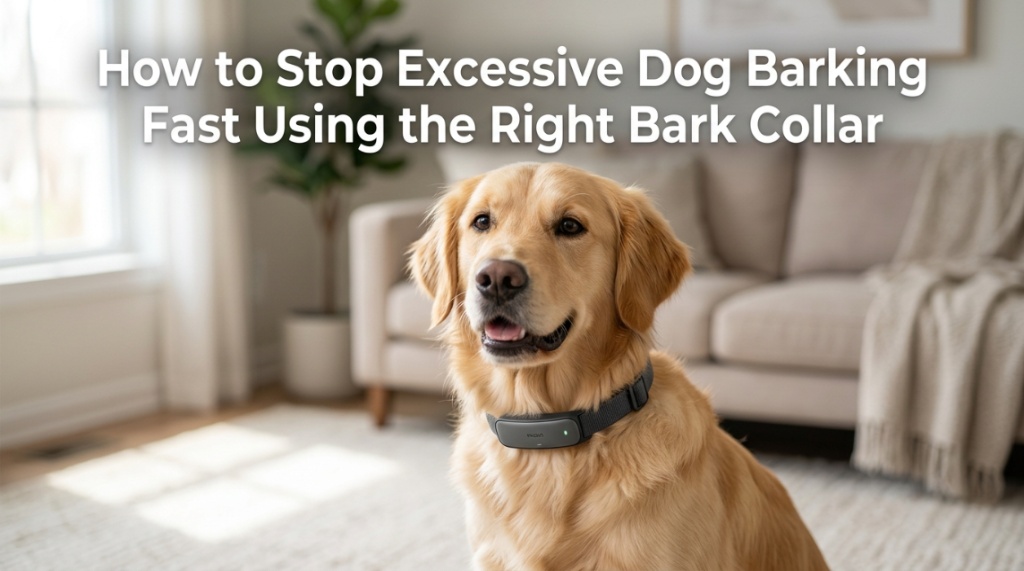 A calm Golden Retriever wearing a sleek bark collar with title text overlay.
