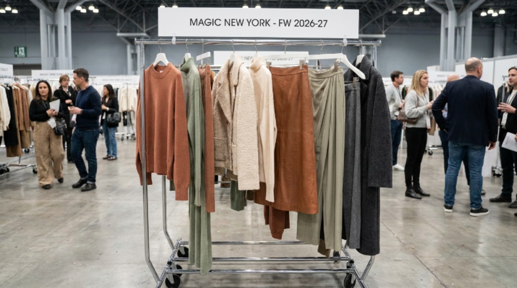 A curated rack of trend-driven women's contemporary clothing on display at the MAGIC New York trade show, showcasing Fall/Winter 2026–27 collections in soft earth tones and mixed textures